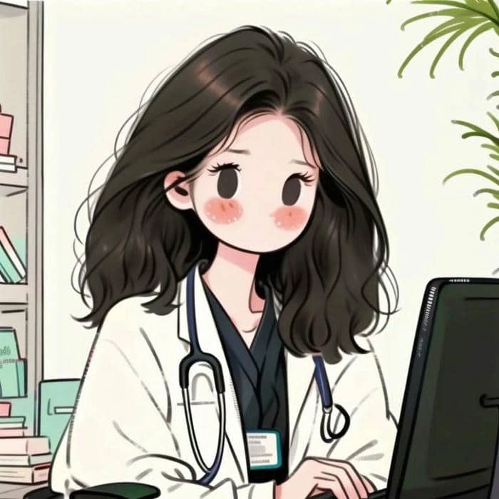 Hình bác sĩ soi kính hiển vi chibi chăm chú nghiên cứu