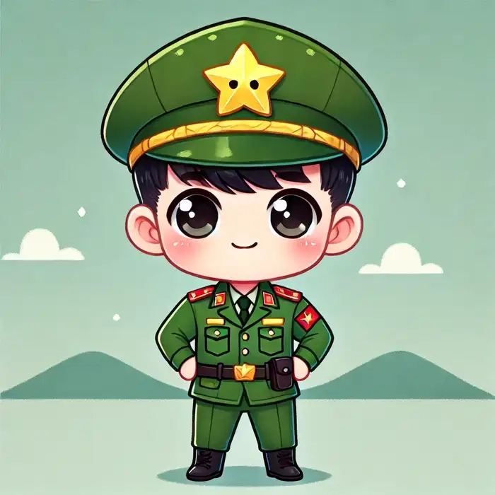 Hình chibi bộ đội đứng giữa cột mốc
